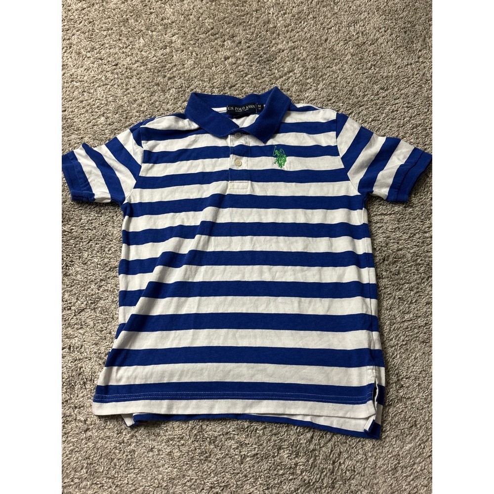 US Polo Assn Boys Blue White Striped Short Sleeve Polo Shirt Size M 8